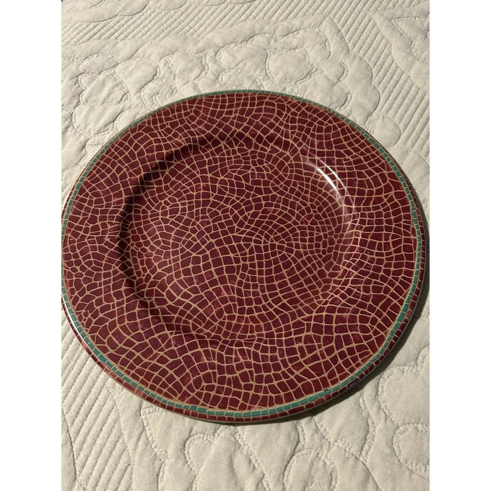 Pier 1 Mosaic Fruit Chop Plate Platter Red/Gold/Green Earthenware Italy, 12.5